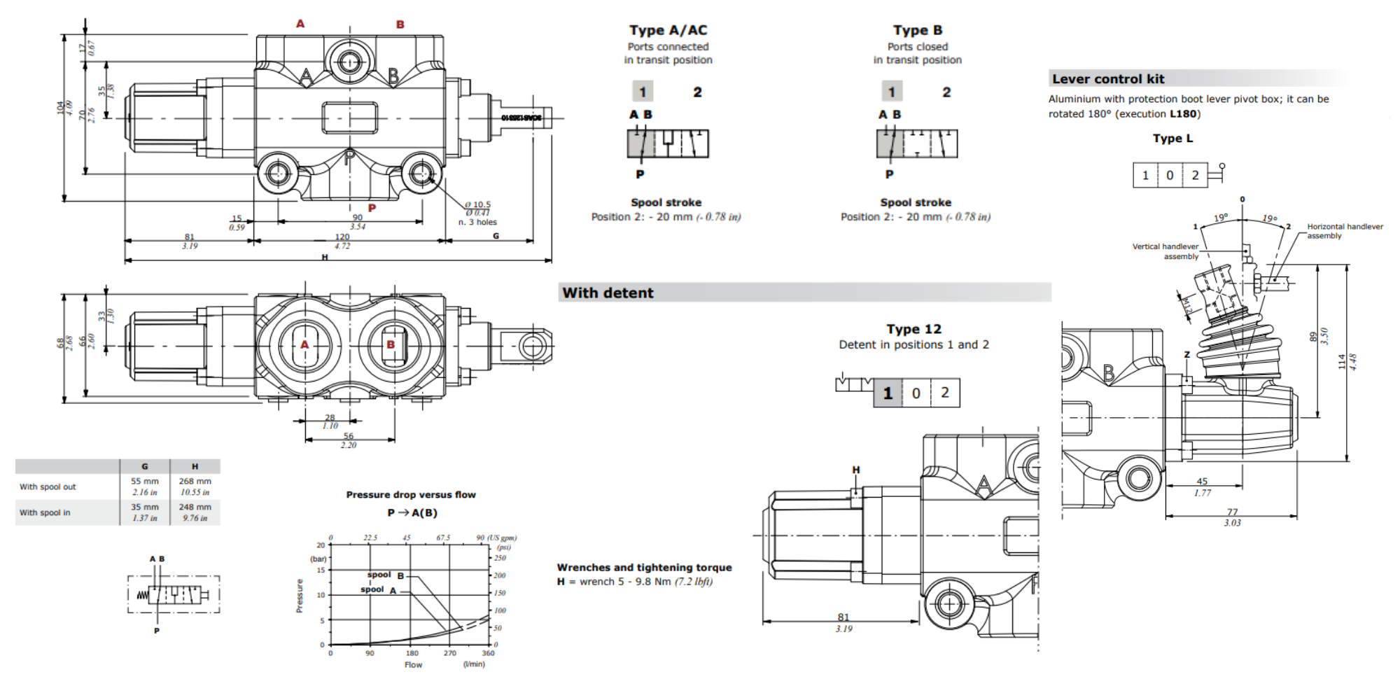 Walvoil, DF25/3B12L, 3 Way, 1 Closed Centre, Detent, Lever Control Manual Spool Diverter Valve
